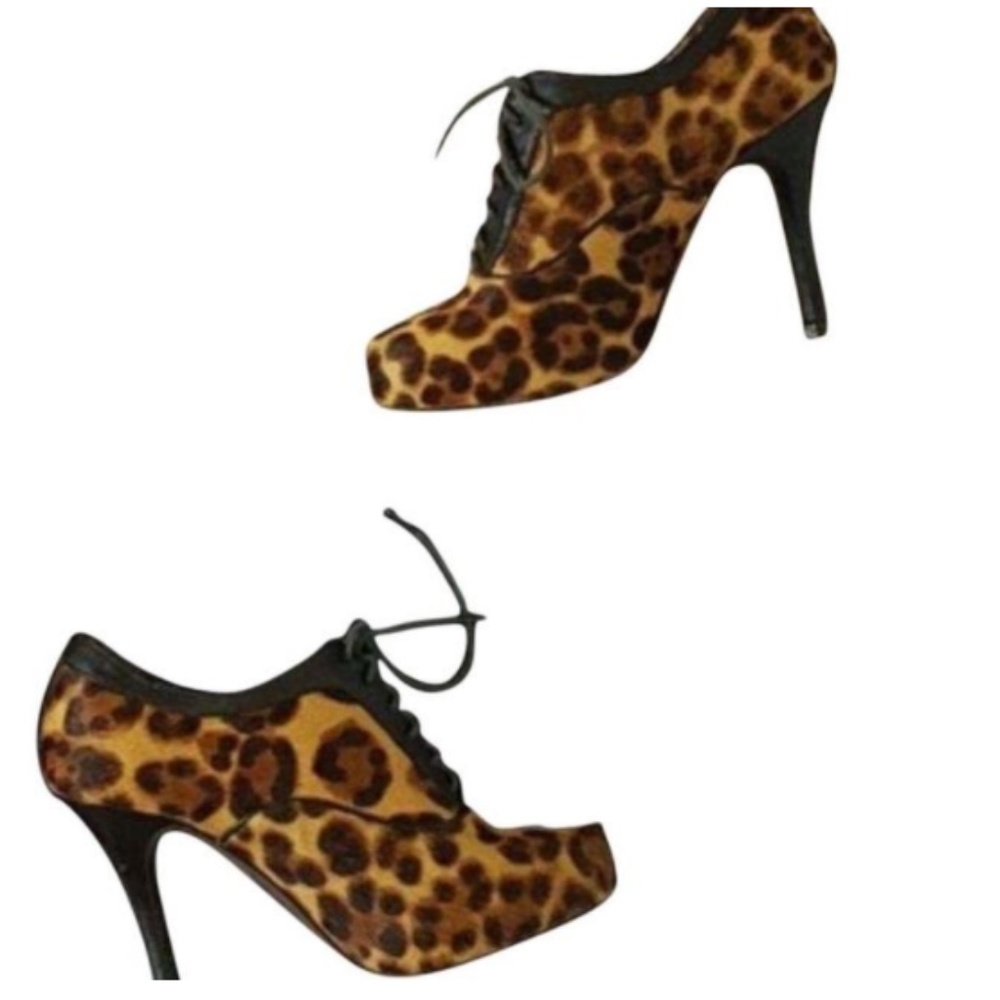 Isola Calf Hair Leopard Stiletto Lace up Booties